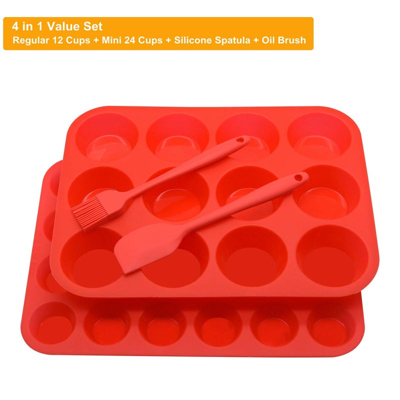 Helpcook Silicone Muffin Pan Cupcake Set, Non-Stick Regular 12 Cups and Mini 24 Cups,Silicone Baking Molds,BPA Free Muffin Tin with 1 Silicone Spatula & 1 Oil Brush (Red) - Image 2